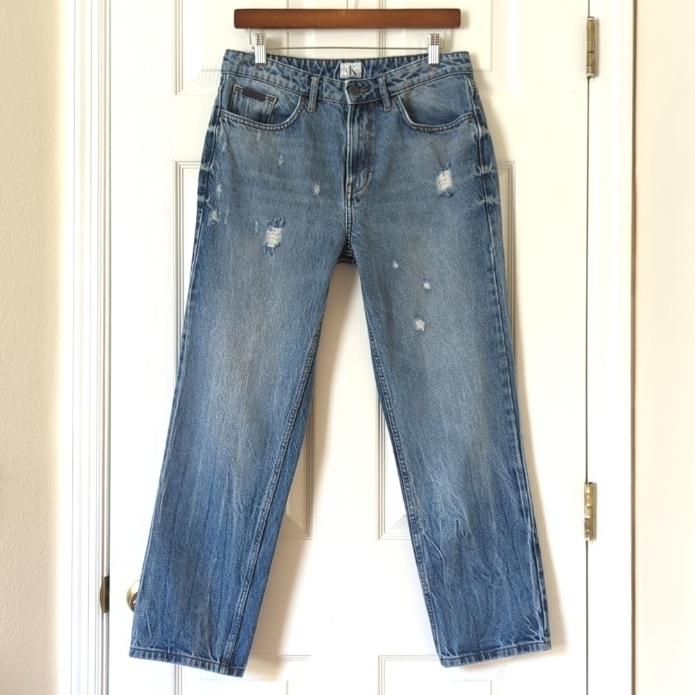 Calvin Klein Jeans Retro Medium Wash High Rise Distressed Straight Leg Jeans 30 - Picture 1 of 16